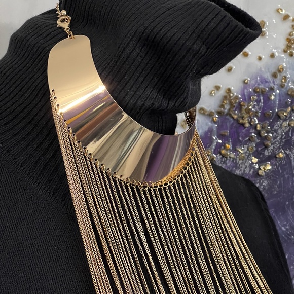 Gold Tone Box Chain Waterfall Fringe Necklace (NWOT) - Picture 8 of 9